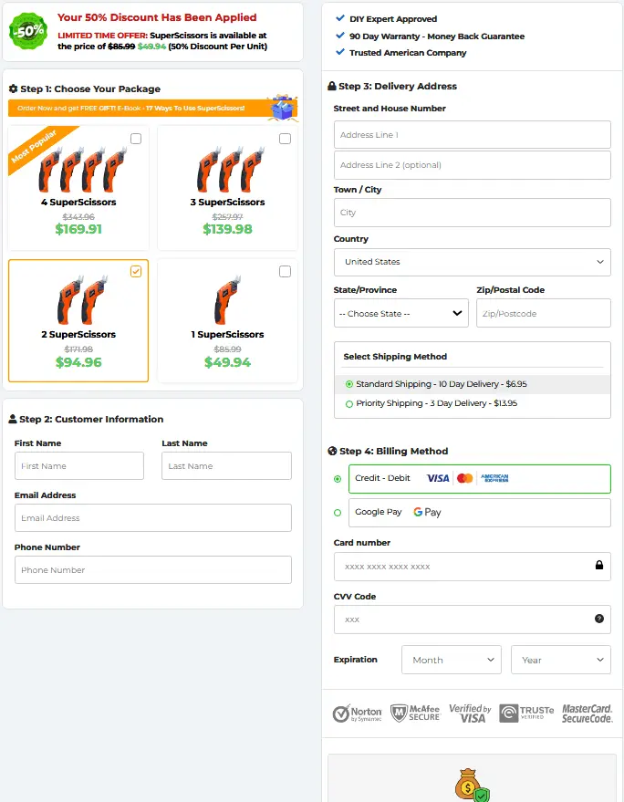 Super Scissors checkout page